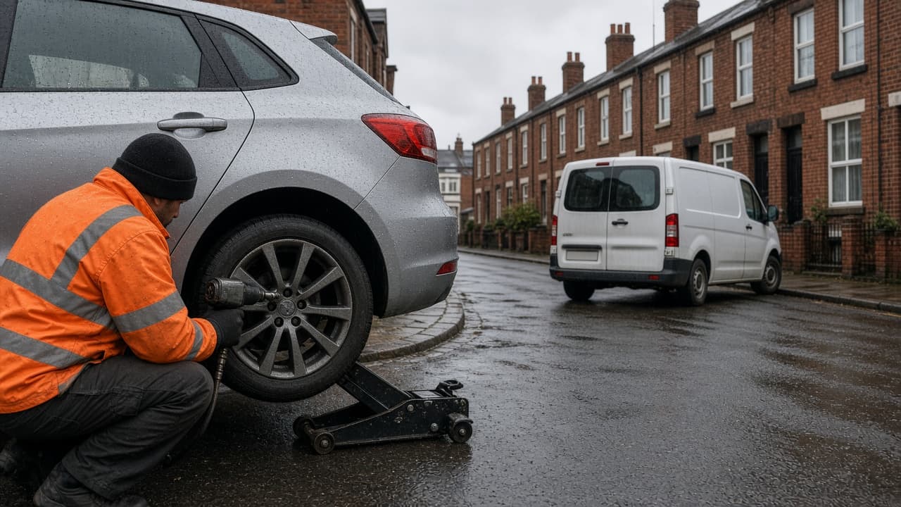Technician using an impact wrench to fit a tyre on a silver hatchback jacked up on a wet terraced street, with a white van parked behind