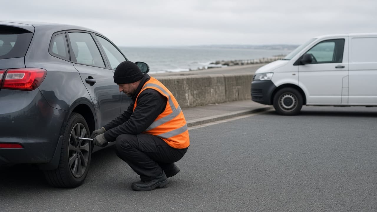 Technician tightening wheel nuts on a car parked by a sea wall, with a white van nearby