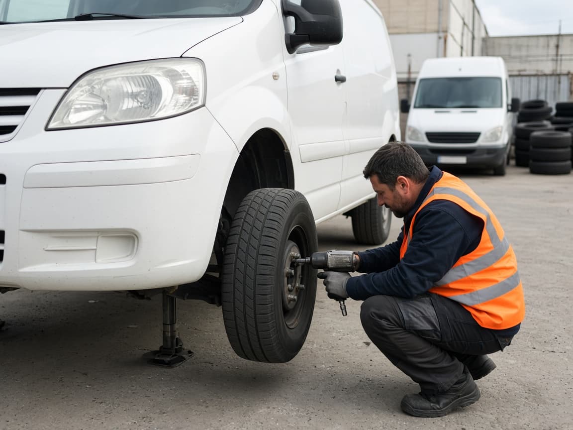 Technician using an impact wrench to fit a tyre on a white van raised off the ground in a yard