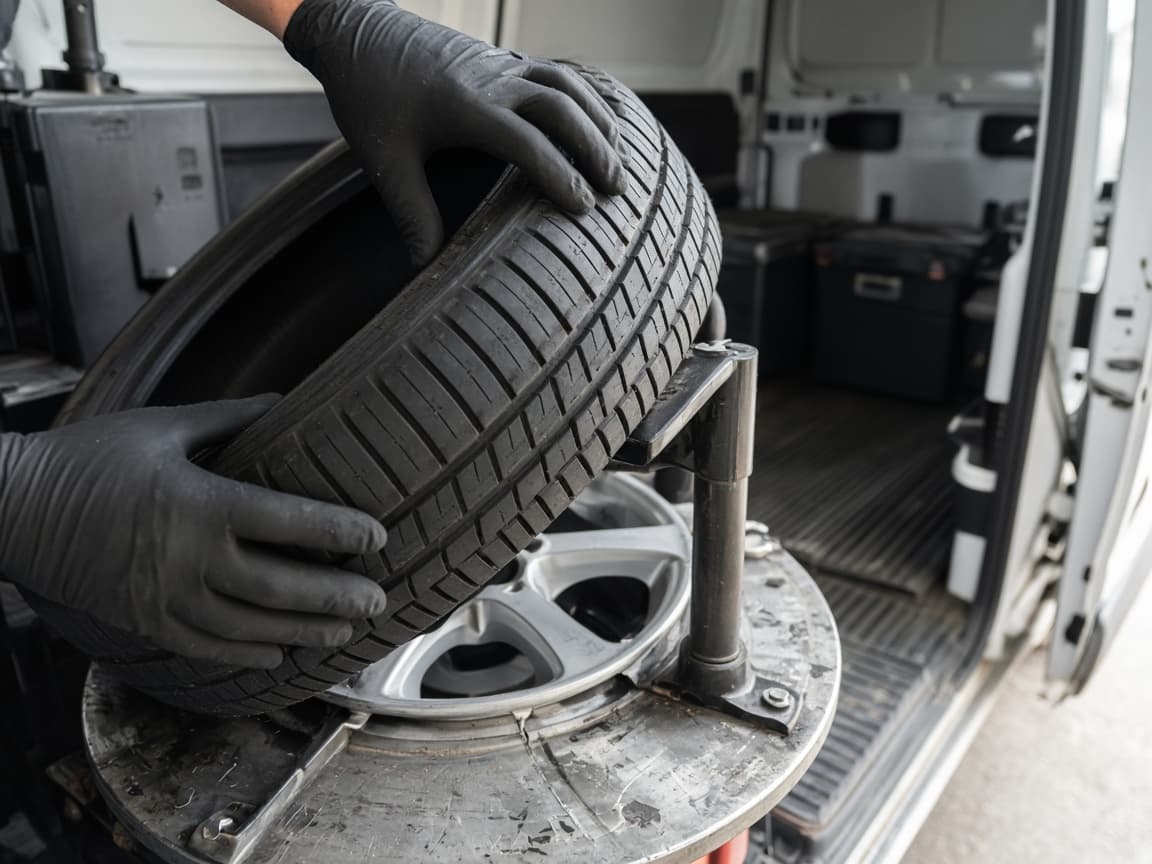 Gloved hands seating a new tyre onto an alloy wheel on a tyre machine in the back of a van