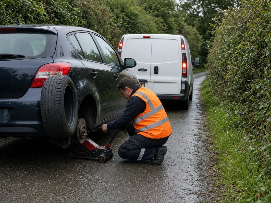 Technician changing a wheel on a dark hatchback at the roadside, with the tyre off the hub and a white van behind